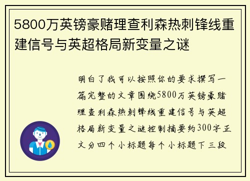 5800万英镑豪赌理查利森热刺锋线重建信号与英超格局新变量之谜