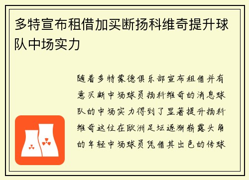 多特宣布租借加买断扬科维奇提升球队中场实力